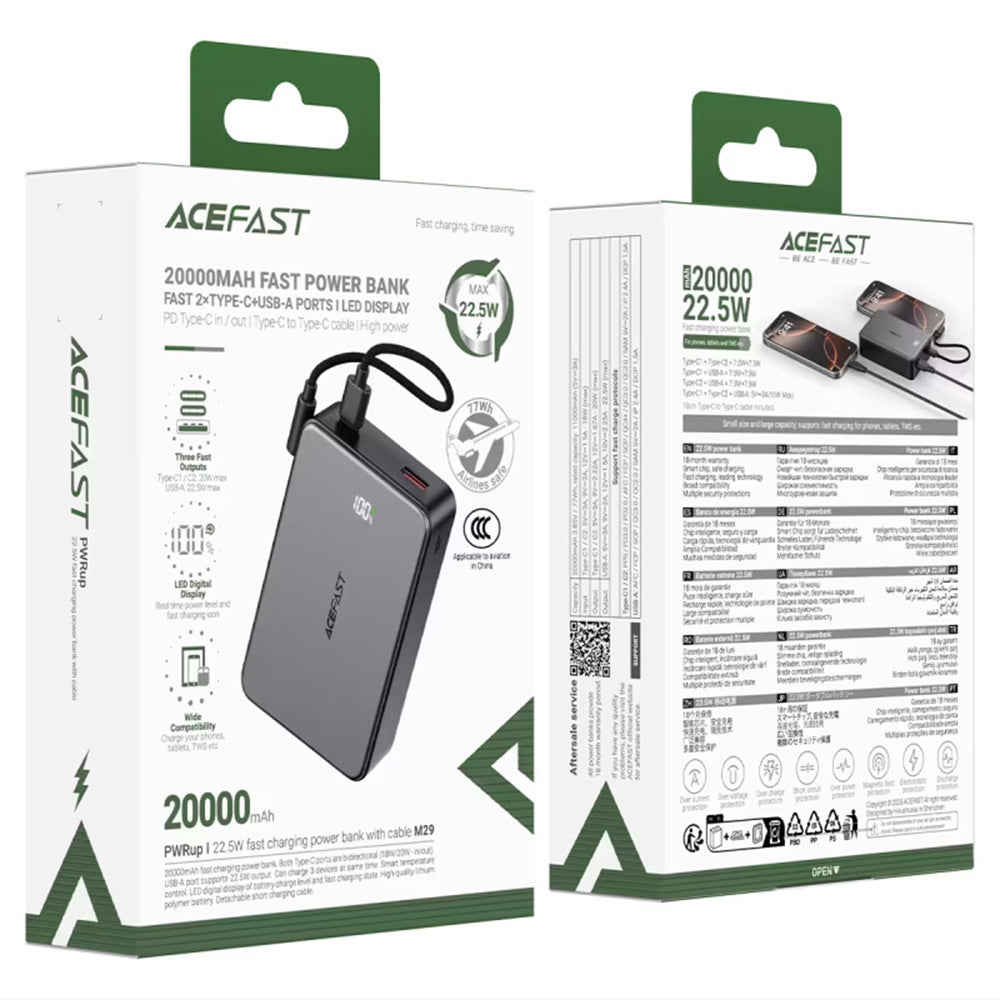 Vanjska baterija Acefast M29, 20000mAh, 22.5W, QC + PD, 1 x USB-A - 2 x USB-C, Crna