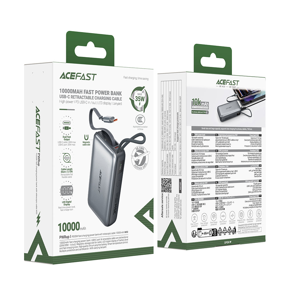 Vanjska baterija Acefast M32, 10000mAh, 35W, PD, 2 x USB-C, Siva