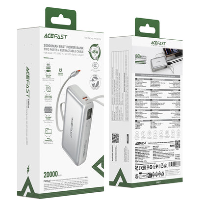 Vanjska baterija Acefast M34, 20000mAh, 45W, QC + PD, 1 x USB-A - 2 x USB-C, Srebrna