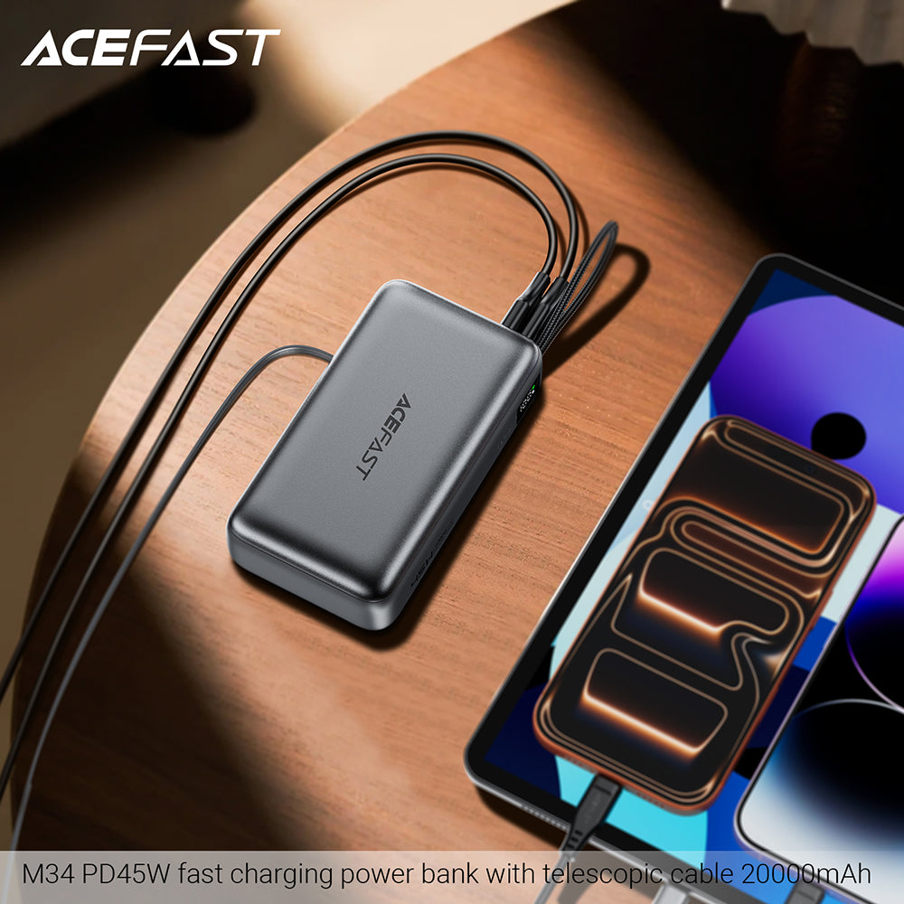 Vanjska baterija Acefast M34, 20000mAh, 45W, QC + PD, 1 x USB-A - 2 x USB-C, Srebrna