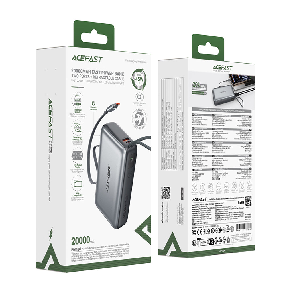 Vanjska baterija Acefast M34, 20000mAh, 45W, QC + PD, 1 x USB-A - 2 x USB-C, Siva