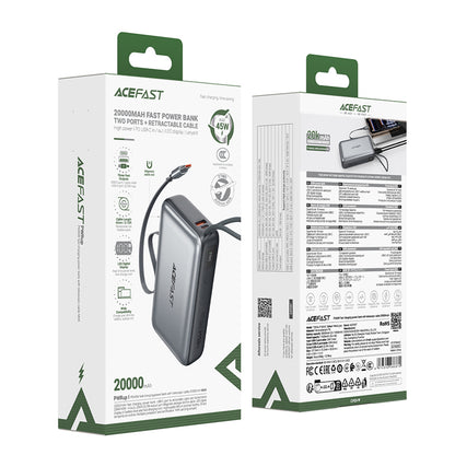 Vanjska baterija Acefast M34, 20000mAh, 45W, QC + PD, 1 x USB-A - 2 x USB-C, Siva