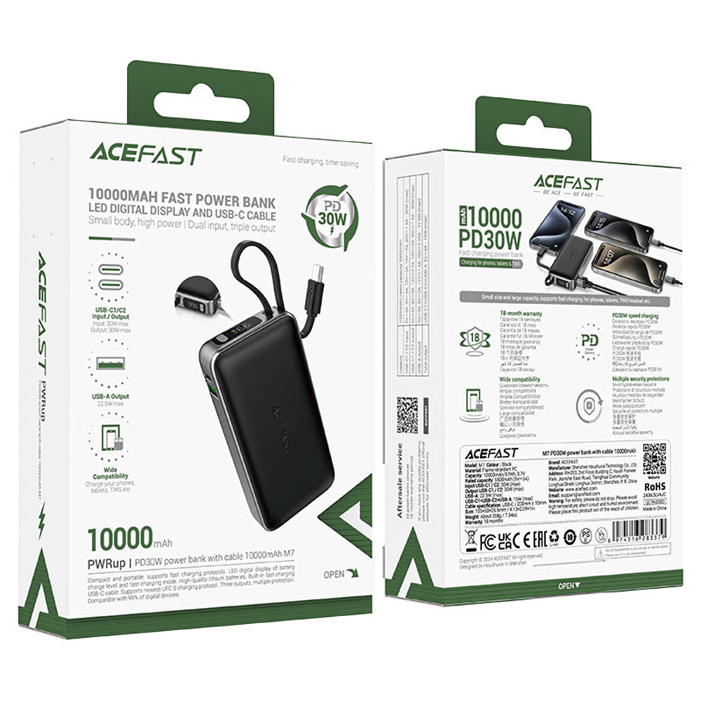 Vanjska baterija Acefast M7, 10000mAh, 30W, QC + PD, 1 x USB-A - 2 x USB-C, Crna