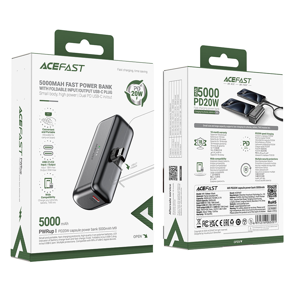 Vanjska baterija Acefast M9, 5000mAh, 20W, PD, 2 x USB-C, Crna