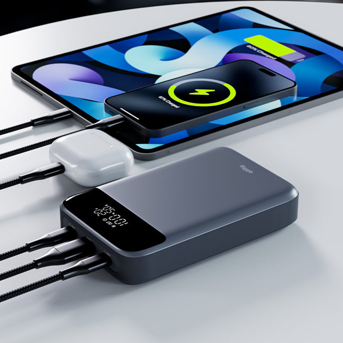 Vanjska baterija Allity. APB-200 PocketPower, 19200mAh, 130W, QC + PD, 1 x USB-A - 2 x USB-C, Siva