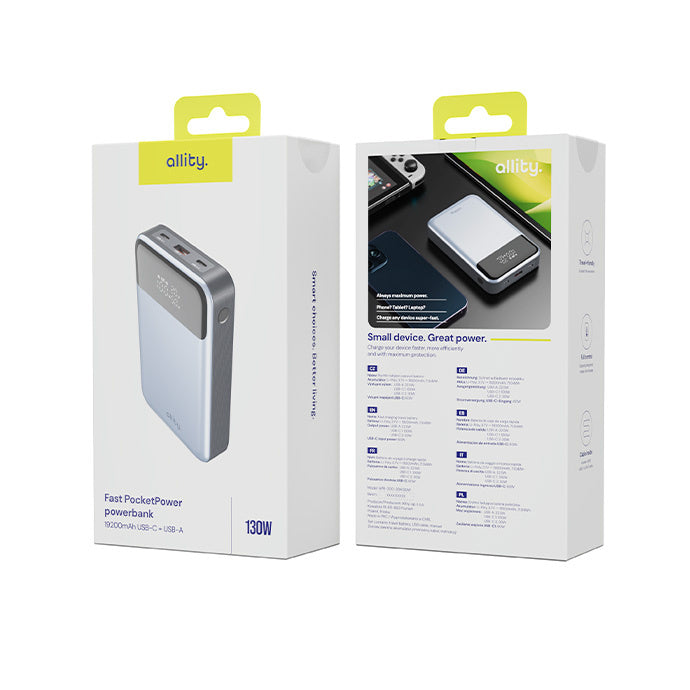 Vanjska baterija Allity. APB-200 PocketPower, 19200mAh, 130W, QC + PD, 1 x USB-A - 2 x USB-C, Siva