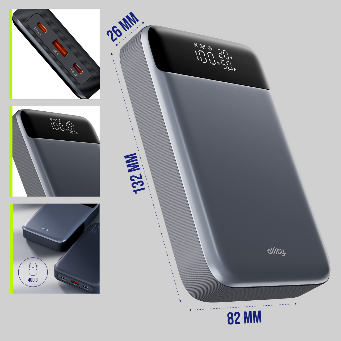 Vanjska baterija Allity. APB-200 PocketPower, 19200mAh, 130W, QC + PD, 1 x USB-A - 2 x USB-C, Siva