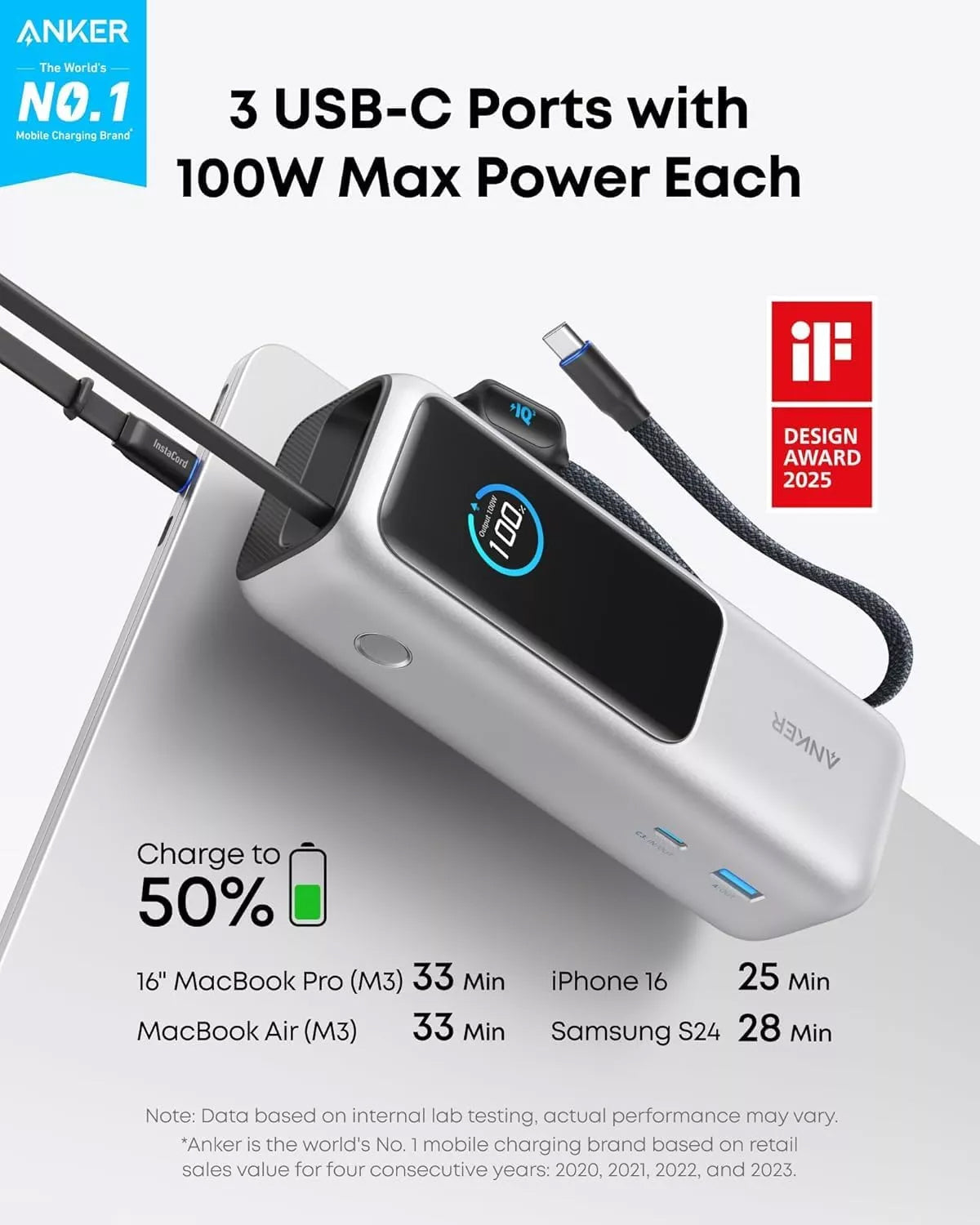 Vanjska baterija Anker, 25000mAh, 165W, QC + PD, 1 x USB-A - 3 x USB-C, Srebrna, Ponovno zapakirana A1695H41