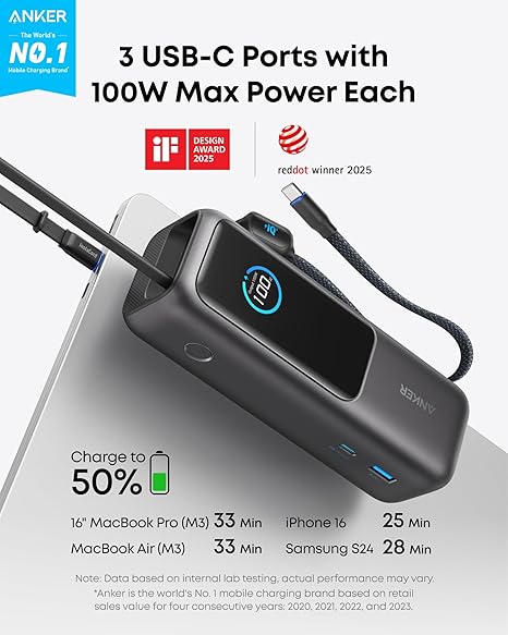 Vanjska baterija Anker, 25000mAh, 165W, QC + PD, 1 x USB-A - 3 x USB-C, Siva A1695H11