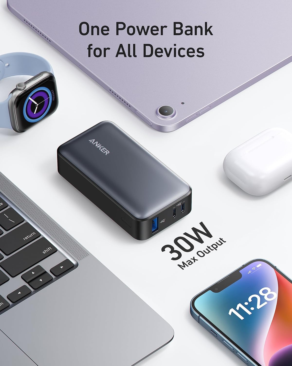Vanjska baterija Anker 533, 10000mAh, 30W, QC + PD, 1 x USB-A - 2 x USB-C, Crna A1256G12