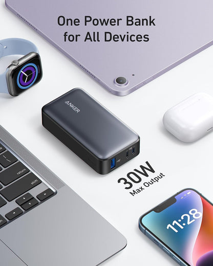 Vanjska baterija Anker 533, 10000mAh, 30W, QC + PD, 1 x USB-A - 2 x USB-C, Crna A1256G12