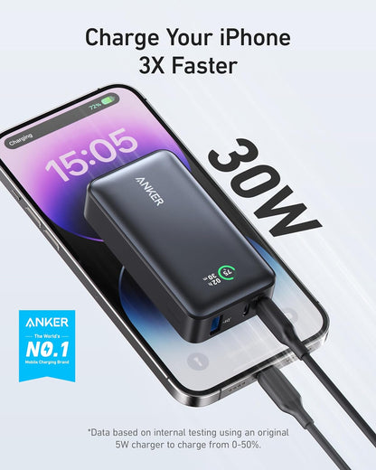 Vanjska baterija Anker 533, 10000mAh, 30W, QC + PD, 1 x USB-A - 2 x USB-C, Crna A1256G12