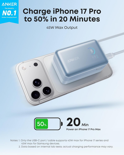 Vanjska baterija Anker Nano, 10000mAh, 45W, QC + PD, 1 x USB-A - 2 x USB-C, Plava