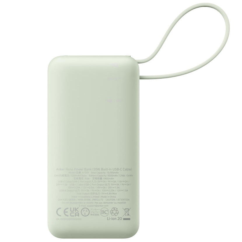Vanjska baterija Anker Nano, 10000mAh, 30W, QC + PD, 1 x USB-A - 2 x USB-C, Zelena A1259G61