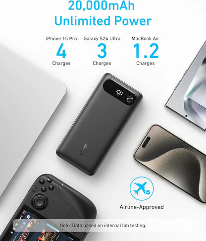 Vanjska baterija Anker PowerCore, 20000mAh, 87W, QC + PD, 1 x USB-A - 2 x USB-C, Crna, Ponovno zapečaćena A1383H11