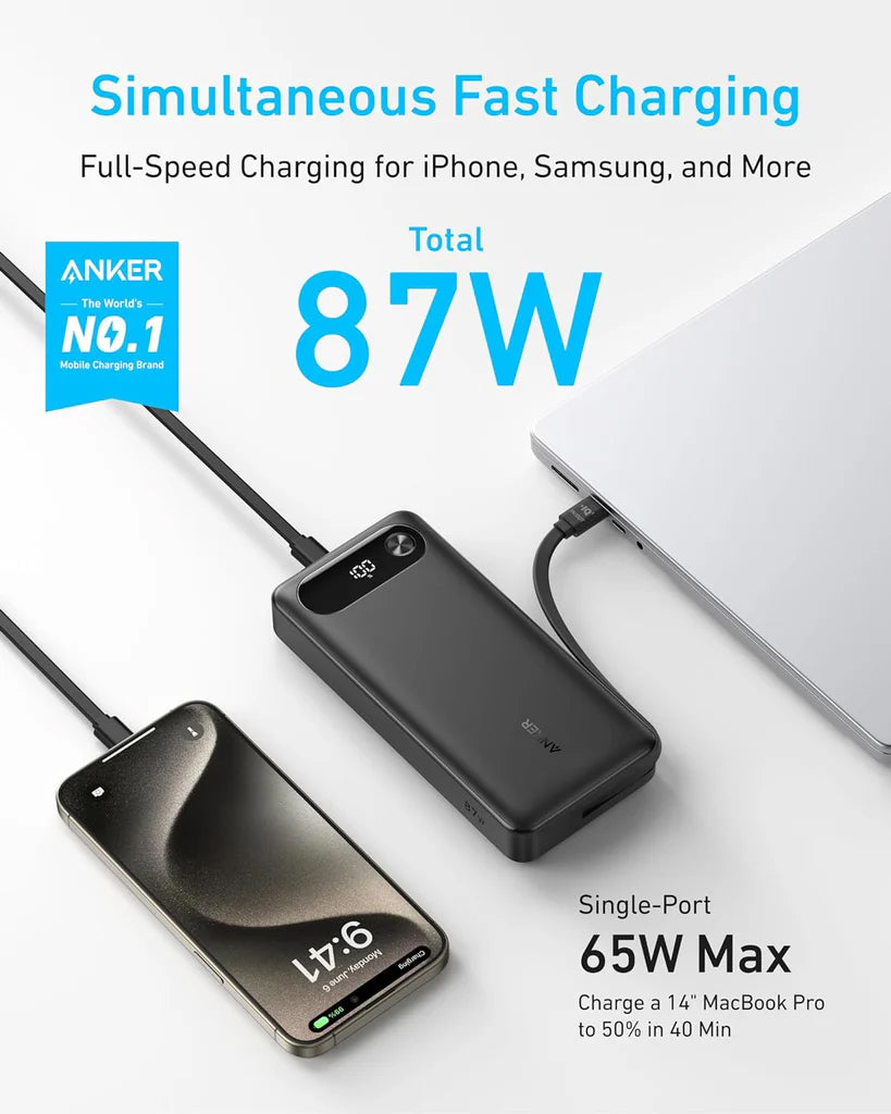 Vanjska baterija Anker PowerCore, 20000mAh, 87W, QC + PD, 1 x USB-A - 2 x USB-C, Crna, Ponovno zapečaćena A1383H11