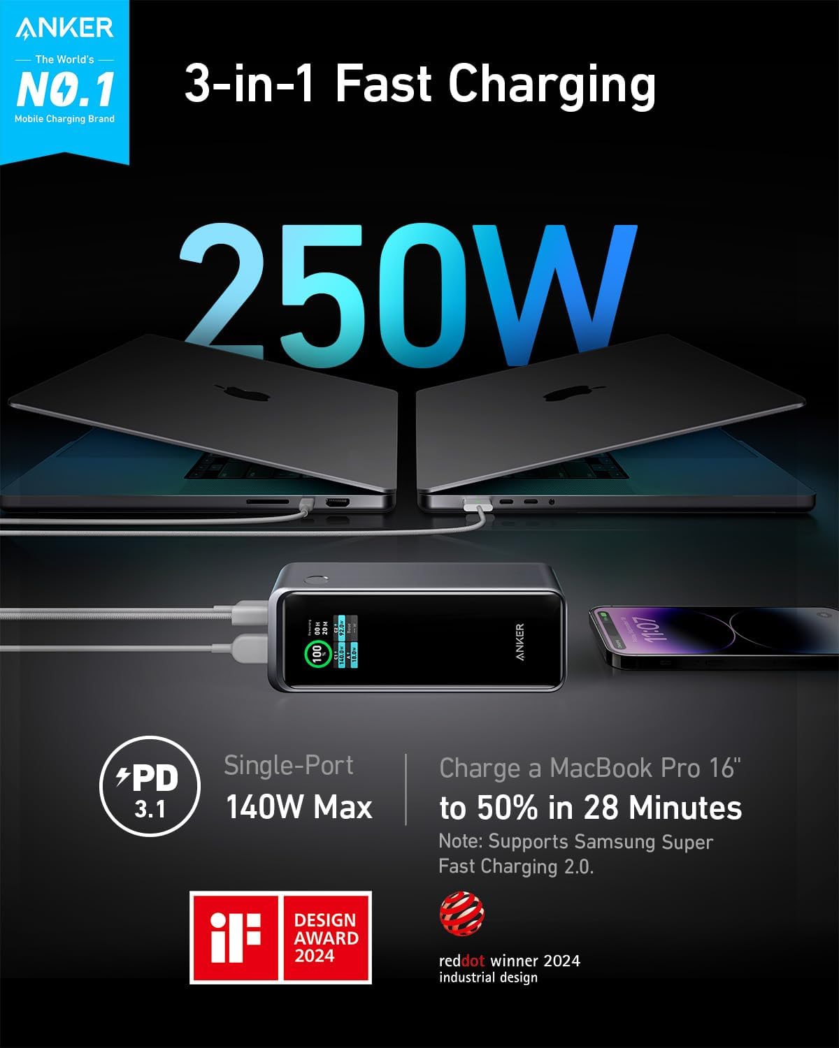 Vanjska baterija Anker Prime, 27650mAh, 250W, QC + PD, 1 x USB-A - 2 x USB-C, Crna A1340011