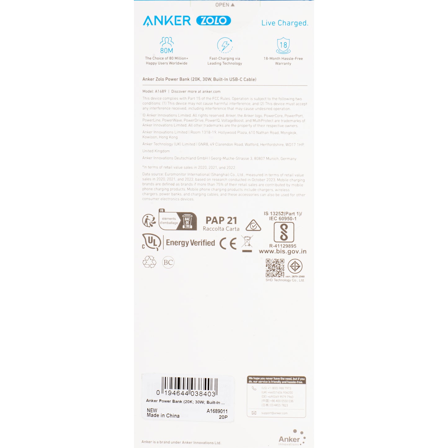 Vanjska baterija Anker Zolo, 20000mAh, 30W, QC + PD, 1 x USB-A - 2 x USB-C, Crna A1689011