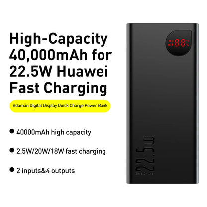 Vanjska baterija Baseus Adaman, 40000mAh, 22.5W, QC + PD, 1 x USB-C - 3 x USB-A, Crna