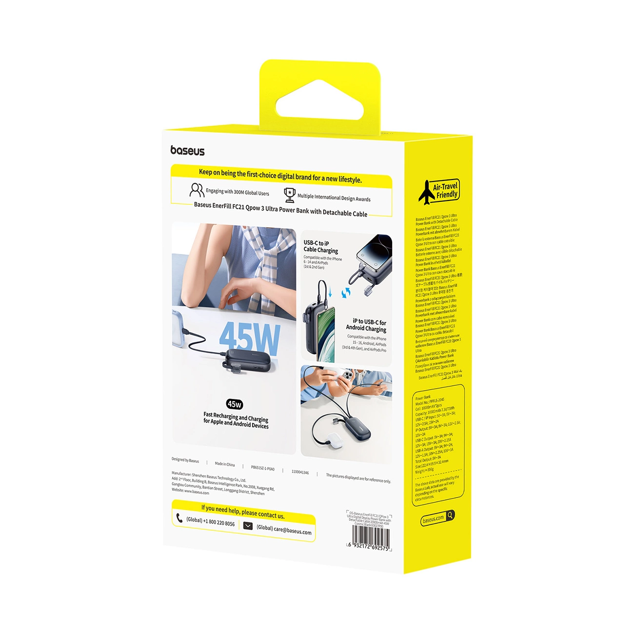Vanjska baterija Baseus EnerFill FC21 QPow 3 Ultra, 20000mAh, 45W, QC + PD, 1 x USB-A - 1 x USB-C, Crna E0027P00