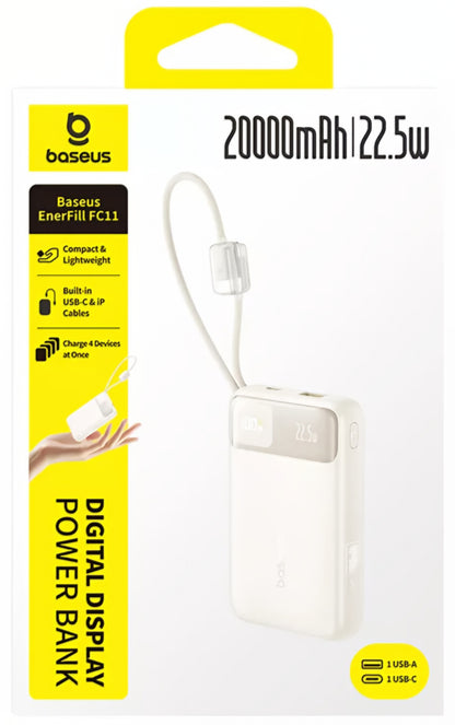 Vanjska baterija Baseus EnerFill FC11, 20000mAh, 22.5W, QC + PD, 1 x Lightning - 1 x USB-A - 2 x USB-C, Bež E0027S05