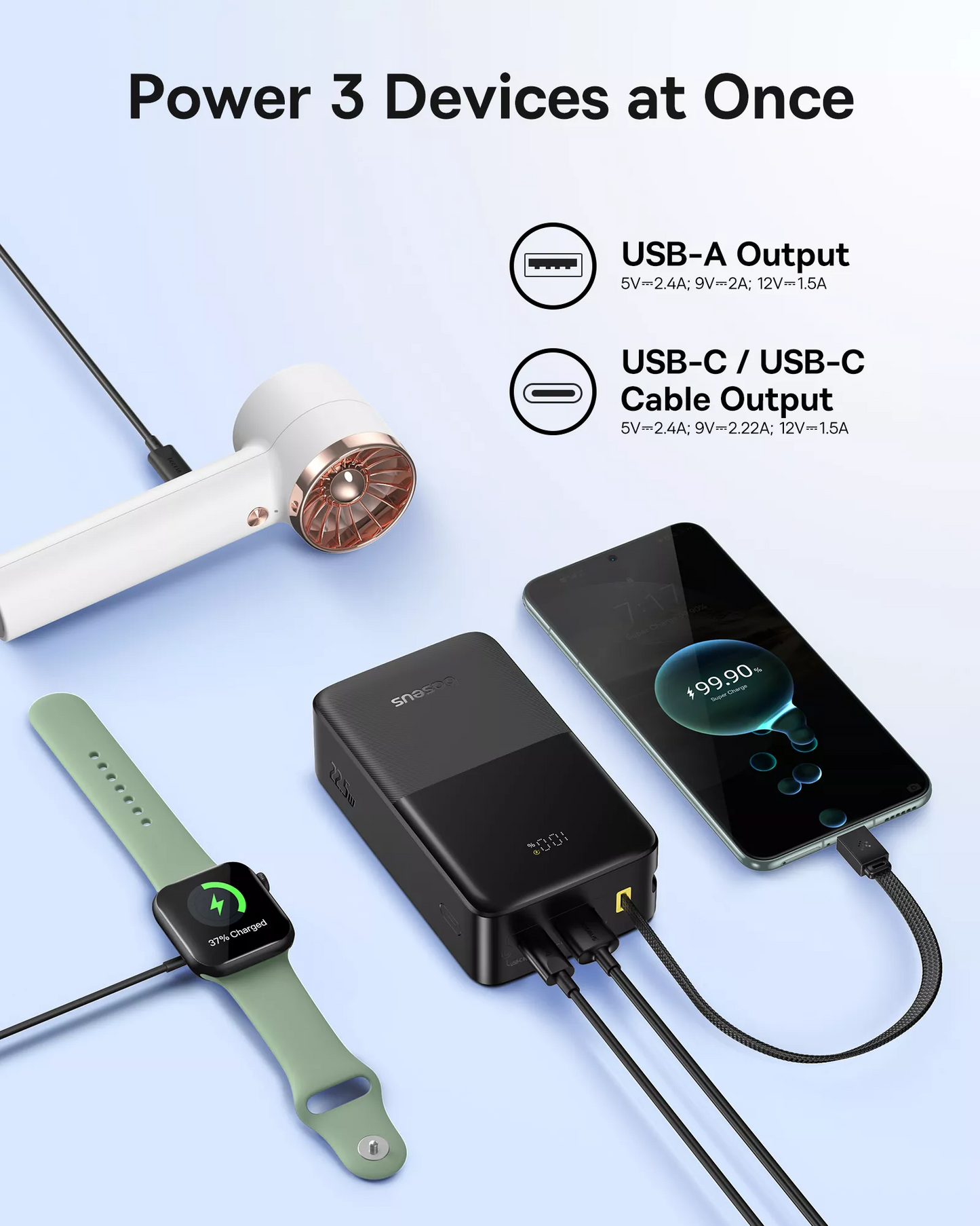 Vanjska baterija Baseus EnerFill Bipow2 Pro, 30000mAh, 22.5W, QC + PD, 1 x USB-A - 2 x USB-C, Crna E0028100