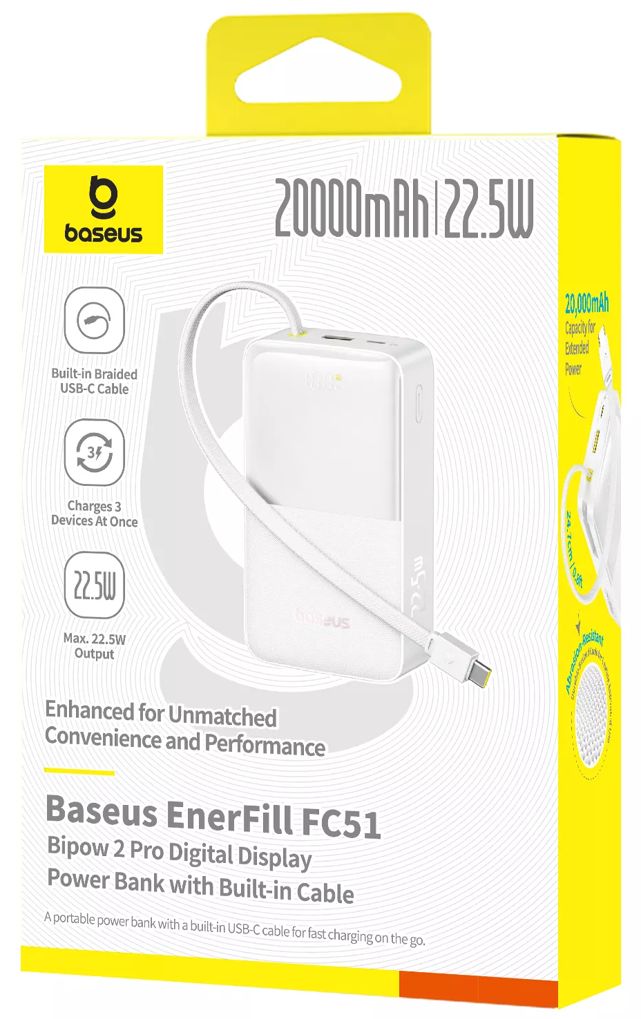 Vanjska baterija Baseus EnerFill Bipow2 Pro, 20000mAh, 22.5W, QC + PD, 1 x USB-A - 2 x USB-C, Bijela E0027700