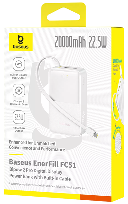 Vanjska baterija Baseus EnerFill Bipow2 Pro, 20000mAh, 22.5W, QC + PD, 1 x USB-A - 2 x USB-C, Bijela E0027700