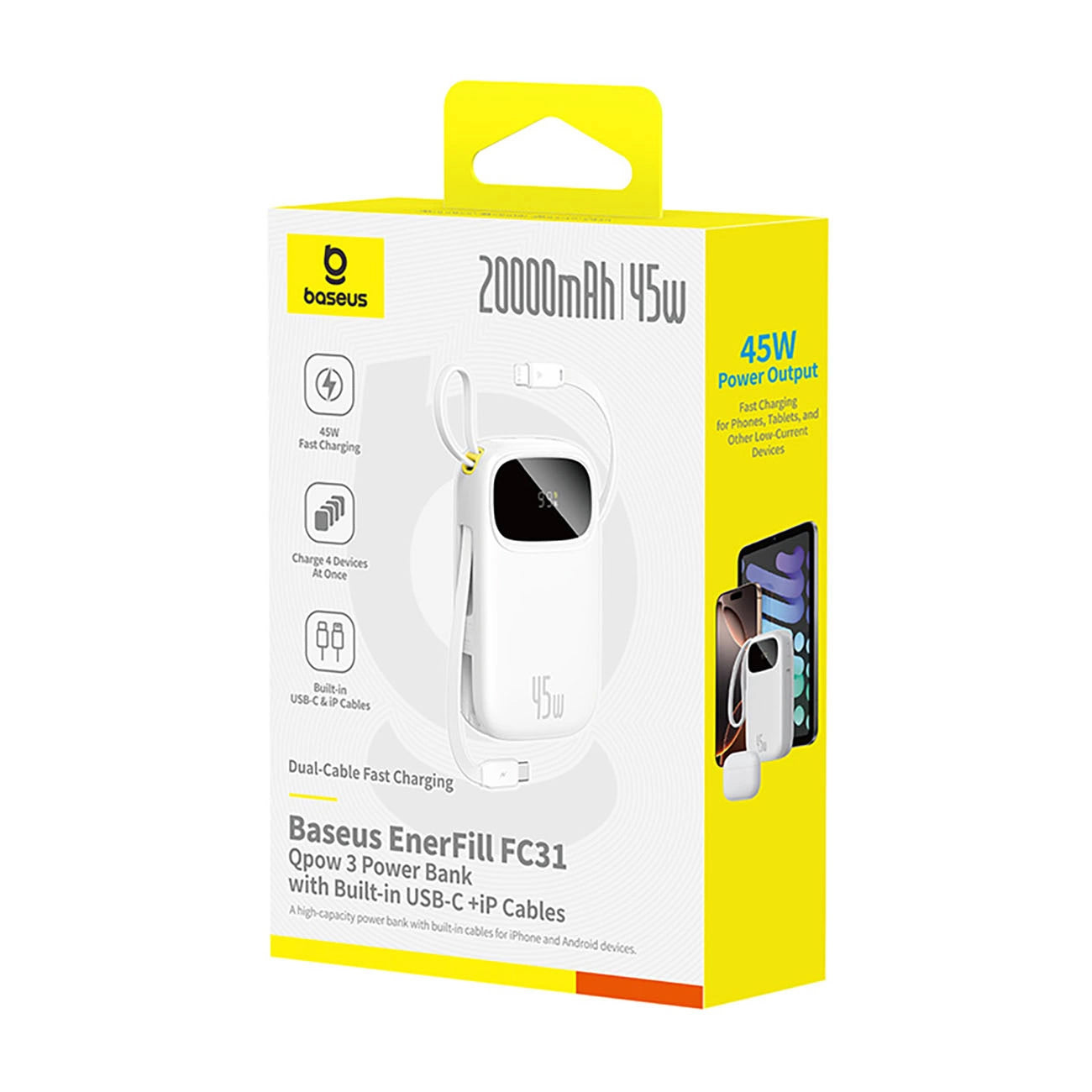Vanjska baterija Baseus EnerFill FC31, 20000mAh, 45W, QC + PD, 1 x Lightning - 1 x USB-A - 2 x USB-C, Bijela E0028D01