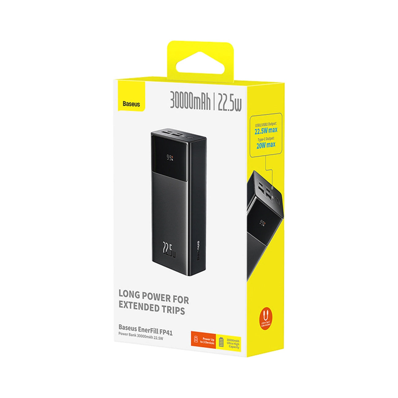 Vanjska baterija Baseus EnerFill FP41, 30000mAh, 22.5W, QC + PD, 1 x USB-C - 2 x USB-A, Crna