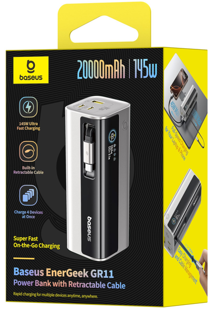 Vanjska baterija Baseus EnerGeek GR11, 20000mAh, 145W, QC + PD, 1 x USB-A - 3 x USB-C, Srebrna E0027B02