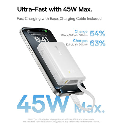 Vanjska baterija Baseus PicoGo, 10000mAh, 45W, QC + PD, 1 x USB-A - 2 x USB-C, Bijela P10076803213-00