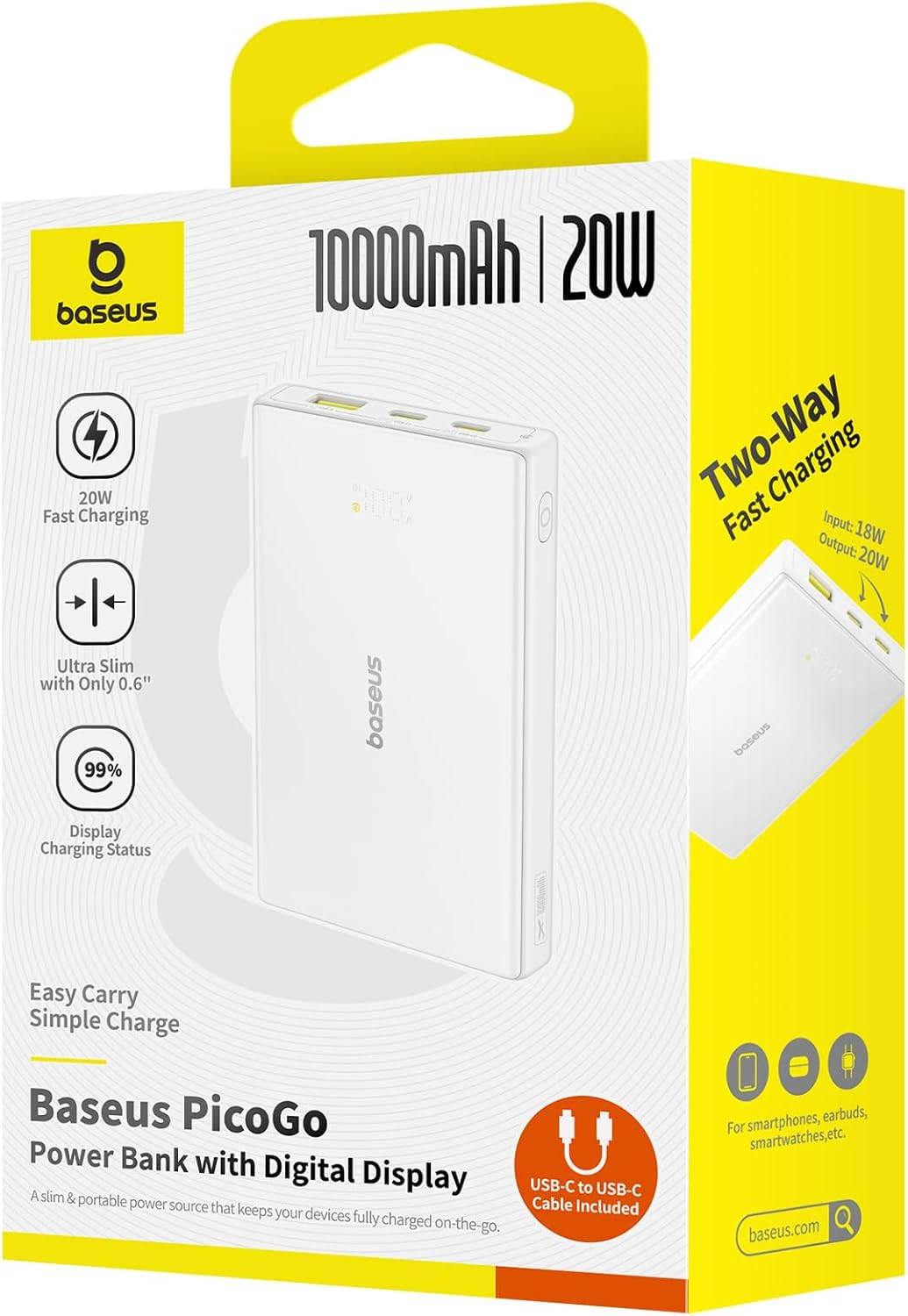 Vanjska baterija Baseus PicoGo, 10000mAh, 20W, QC + PD, 1 x USB-A - 2 x USB-C, Bijela P10076801213-00