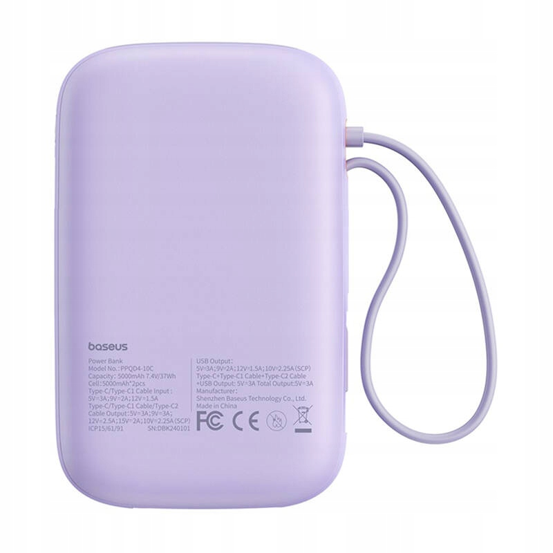 Vanjska baterija Baseus Qpow2, 10000mAh, 30W, QC + PD, 1 x USB-A - 3 x USB-C, Ljubičasta P10055008513-00