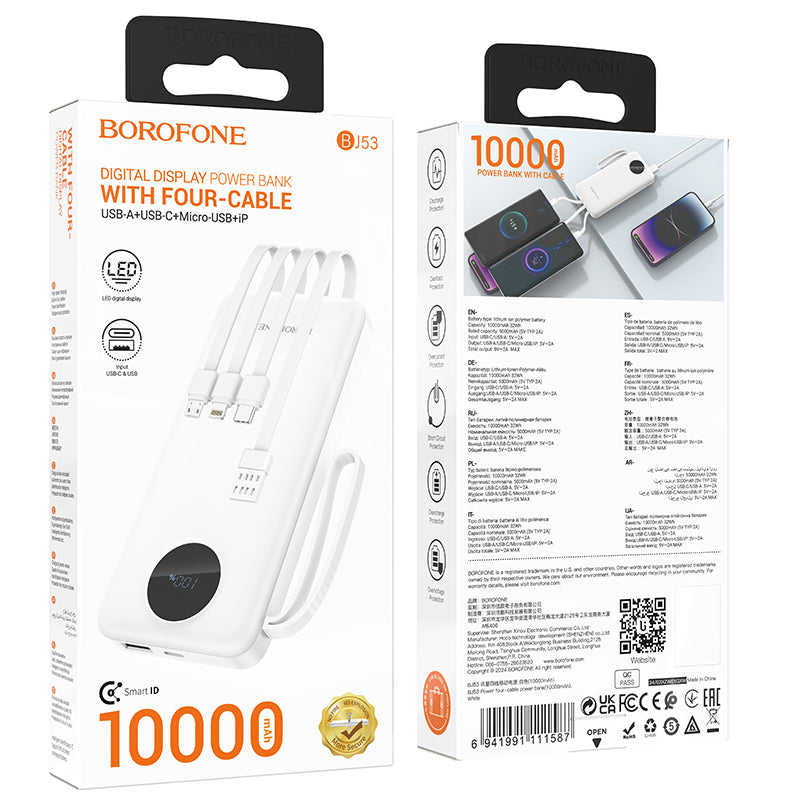 Vanjska baterija Borofone BJ53 Power, 10000mAh, 10W, 1 x Lightning - 1 x microUSB - 1 x USB-A - 1 x USB-C, Bijela