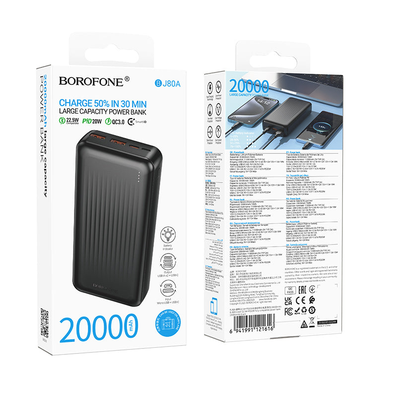 Vanjska baterija Borofone BJ80A Clever, 20000mAh, 22.5W, QC + PD, 1 x USB-C - 2 x USB-A, Crna