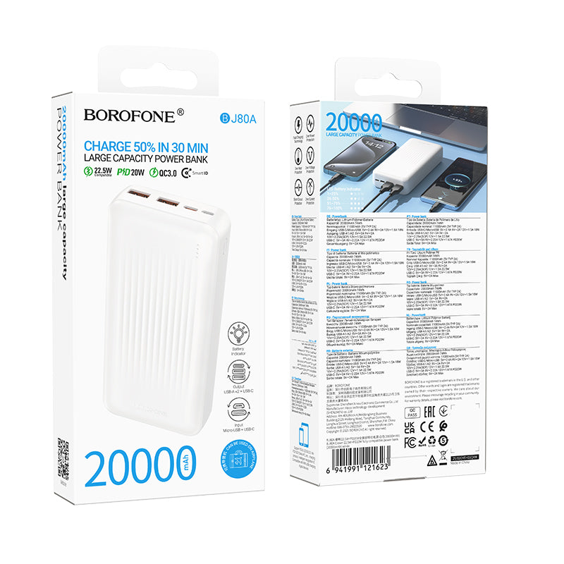 Vanjska baterija Borofone BJ80A Clever, 20000mAh, 22.5W, QC + PD, 1 x USB-C - 2 x USB-A, Bijela