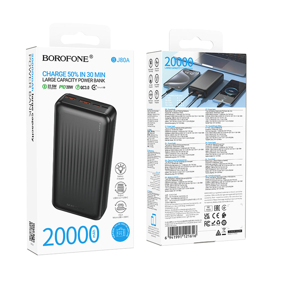 Vanjska baterija Borofone BJ80A Clever, 20000mAh, 22.5W, QC + PD, 1 x USB-C - 2 x USB-A, Crna