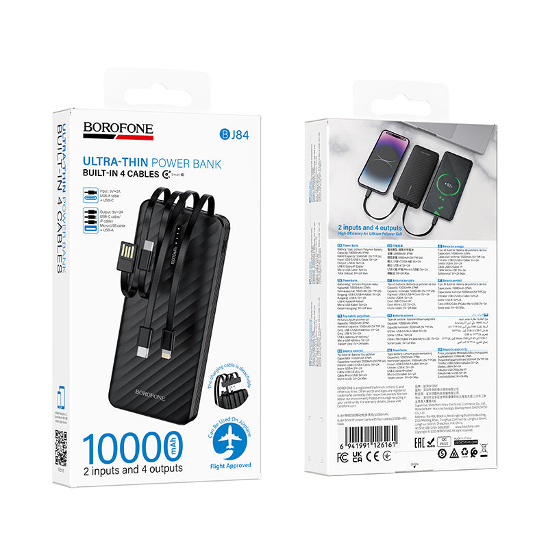 Vanjska baterija Borofone BJ84 Smooth, 10000mAh, 10W, 1 x Lightning - 1 x microUSB - 1 x USB-A - 1 x USB-C, Crna