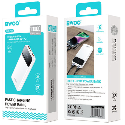 Vanjska baterija BWOO BO-P34, 10000mAh, 22.5W, QC + PD, 1 x USB-C - 2 x USB-A, Bijela