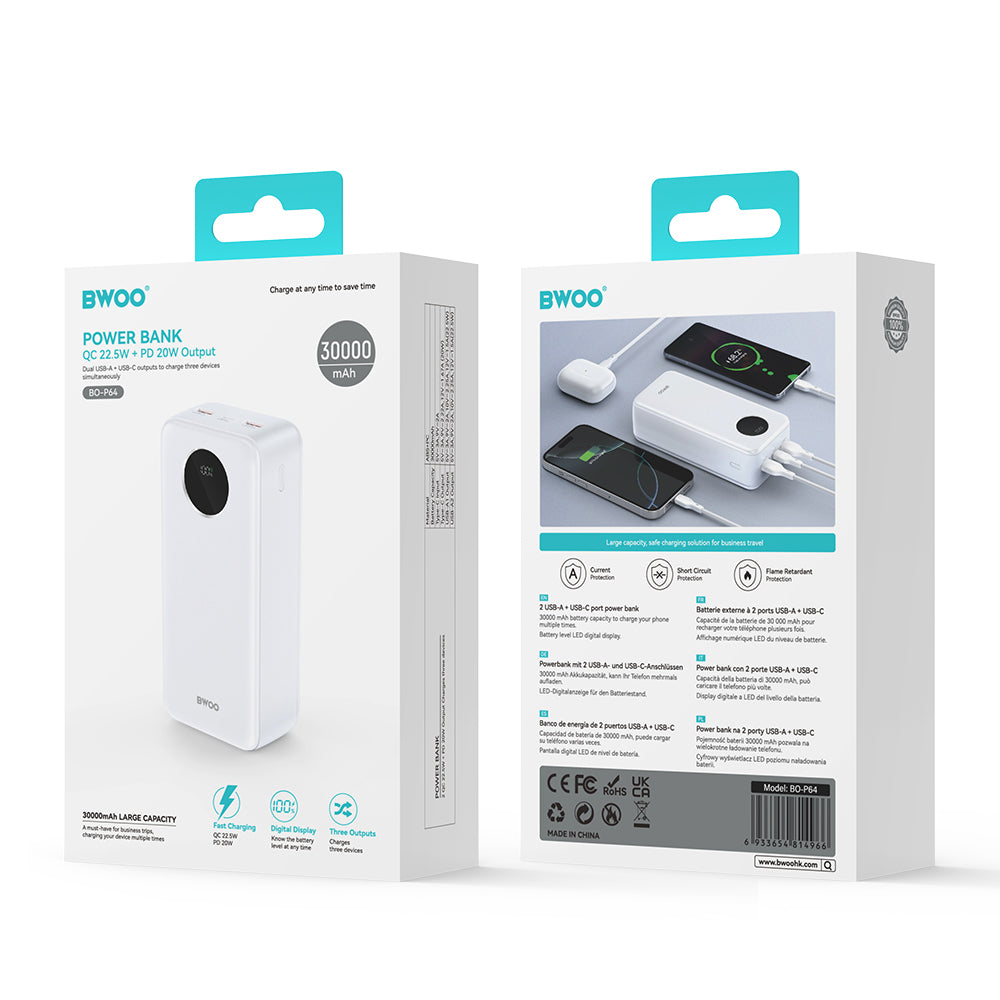 Vanjska baterija BWOO BO-P64, 30000mAh, 22.5W, QC + PD, 1 x USB-C - 2 x USB-A, Bijela