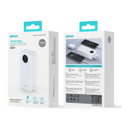 Vanjska baterija BWOO BO-P64, 30000mAh, 22.5W, QC + PD, 1 x USB-C - 2 x USB-A, Bijela