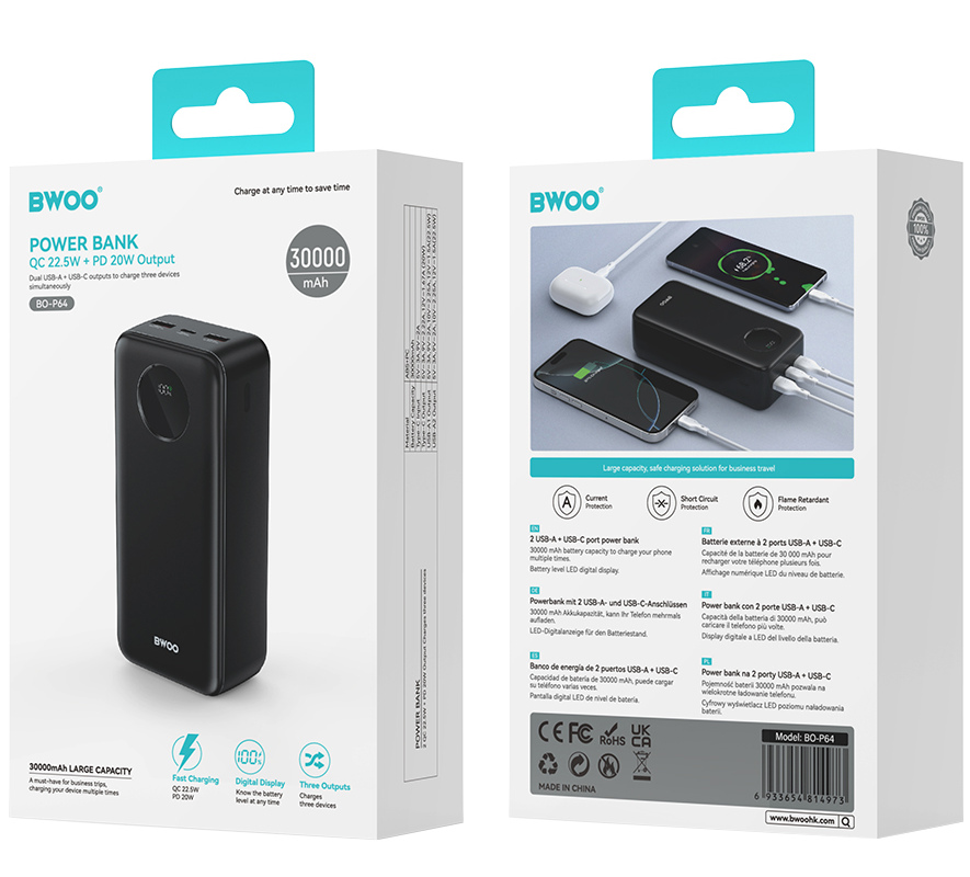 Vanjska baterija BWOO BO-P64, 30000mAh, 22.5W, QC + PD, 1 x USB-C - 2 x USB-A, Crna