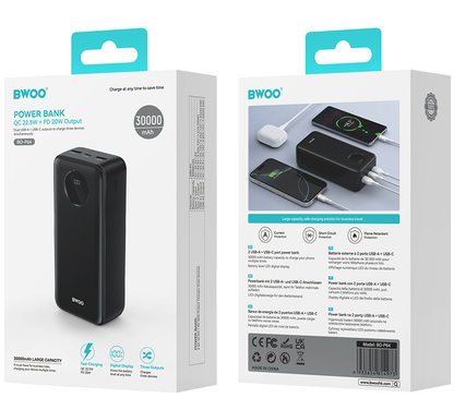 Vanjska baterija BWOO BO-P64, 30000mAh, 22.5W, QC + PD, 1 x USB-C - 2 x USB-A, Crna