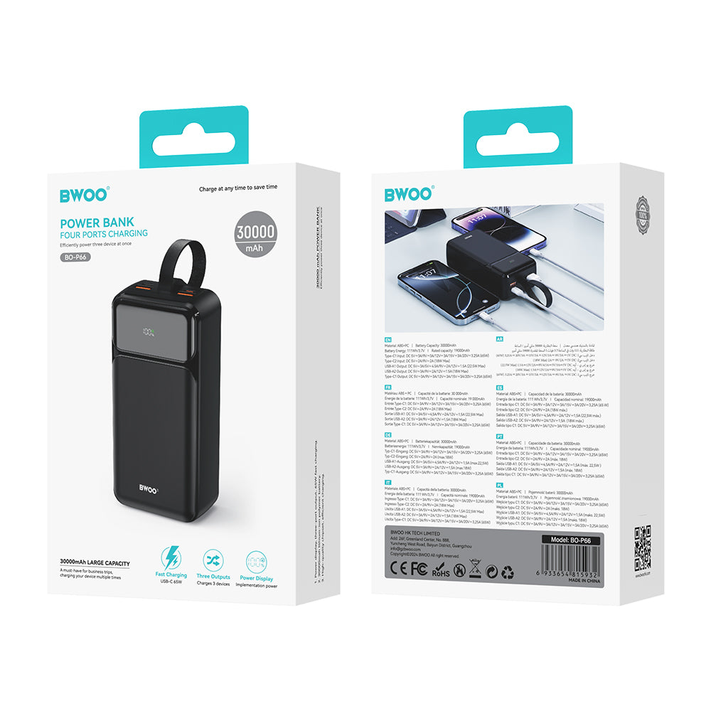 Vanjska baterija BWOO BO-P66, 30000mAh, 65W, QC + PD, 1 x USB-C - 2 x USB-A, Crna