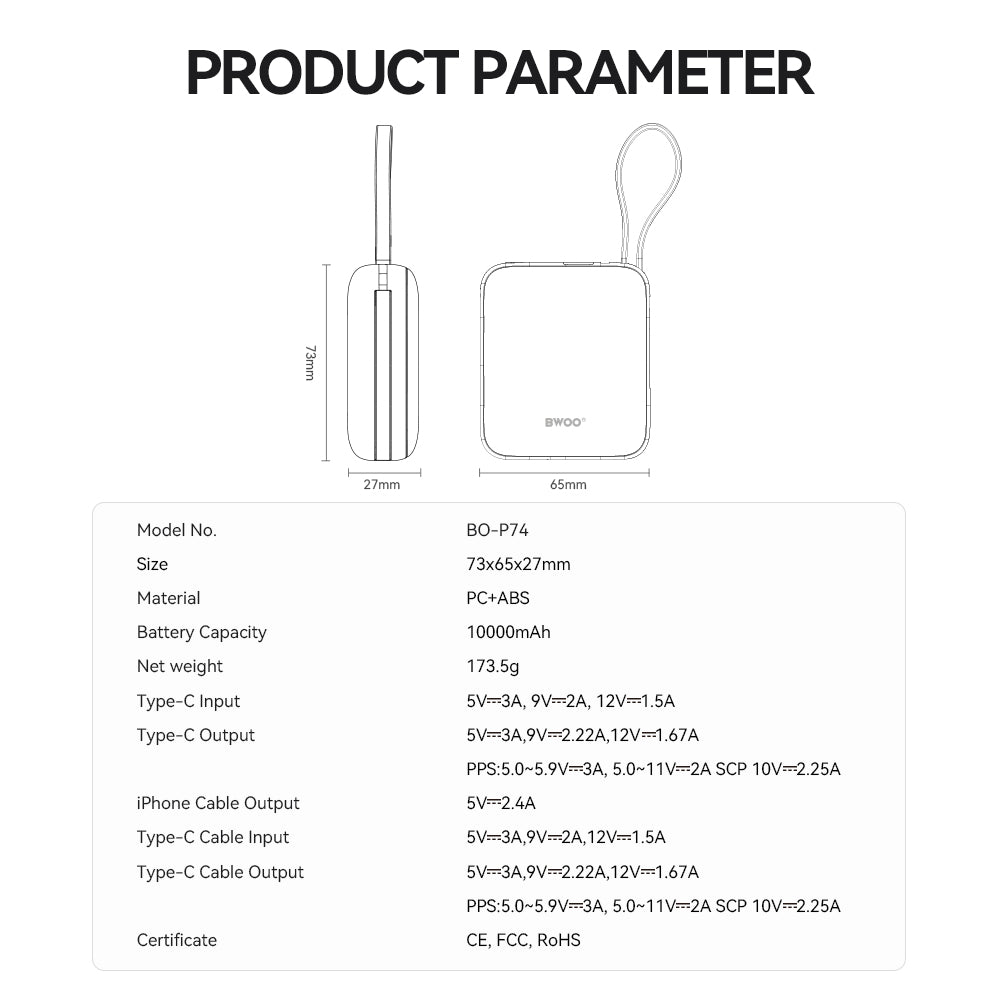 Vanjska baterija BWOO BO-P74, 10000mAh, 22.5W, PD, 1 x Lightning - 2 x USB-C, Crna