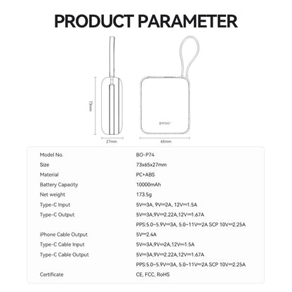 Vanjska baterija BWOO BO-P74, 10000mAh, 22.5W, PD, 1 x Lightning - 2 x USB-C, Crna