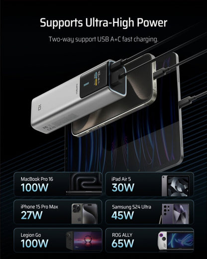 Vanjska baterija Cuktech, 10000mAh, 150W, QC + PD, 1 x USB-A - 1 x USB-C, Siva CKPB100PGLBK