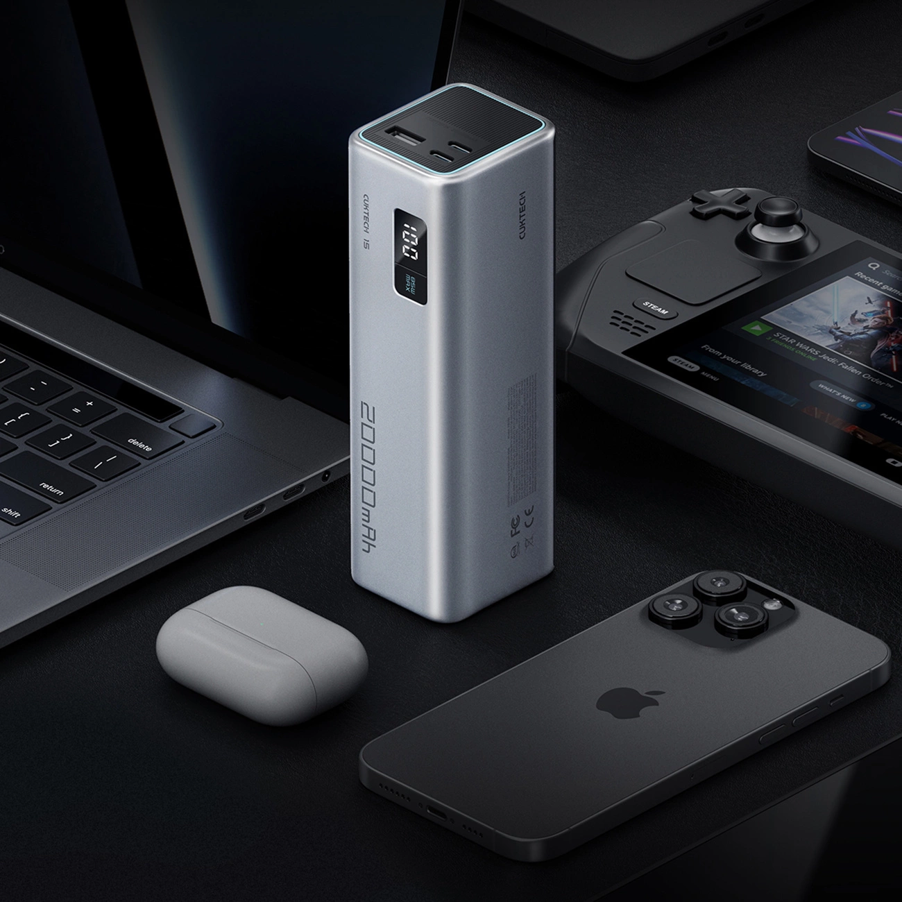 Vanjska baterija Cuktech, 20000mAh, 100W, QC + PD, 1 x USB-A - 2 x USB-C, Siva CUKP200XGLGR