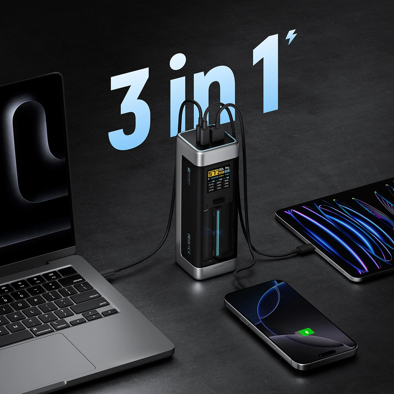 Vanjska baterija Cuktech, 25000mAh, 210W, QC + PD, 1 x USB-A - 2 x USB-C, Crna CUK00P23GLBK